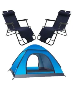 Set 2 Sezlonguri Mercaton cu Tetiera, Cadru Metalic si Panza Oxford 600D Impermeabila, rezistent UV, Mag 150 kg, 178x60x79 cm, Navi Blue si Cort Automatic de 2-3 Persoane, Impermeabil, Plasa Anti-Insecte, 200x200x135 cm, Albastru Engros