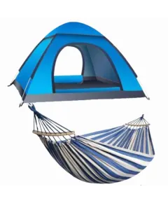 Set Mercaton, Cort Automat 3-4 Persoane 200x200x135 cm, Impermeabil, Protectie UV, Albastru si Hamac cu Suport Lemn, Anti-Incalcire, 280×80 cm, Maxim 180 kg Engros