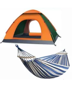 Set Mercaton, Cort Automat 3-4 Persoane 200x200x135 cm, Impermeabil, Protectie UV, Portocaliu si Hamac cu Suport Lemn, Anti-Incalcire, 280×80 cm, Maxim 180 kg Engros